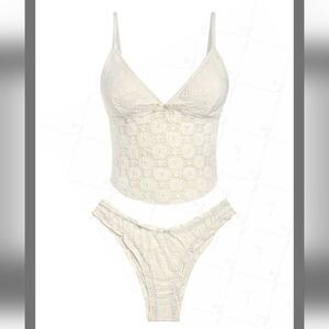 NWT Seamolly Lace Jacquard Bowknot Decor Ruffles Tankini Set Beige Cream - XL